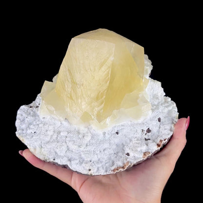 Lustrous Yellow Calcite Rhomb Perched on White Mordenite Matrix - Collector’s Cabinet Specimen from Chhatrapati Sambhaji Nagar, India # DKT190