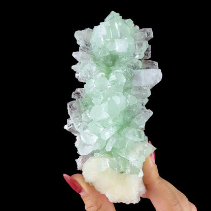 Lustrous Green Apophyllite Crystal Cluster on Stilbite Matrix - Natural Indian Mineral Specimen from Chhatrapati Sambhaji Nagar # DKT144