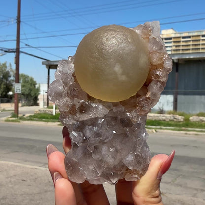 Rare Botryoidal Yellow Fluorite Ball on Amethyst Quartz Cluster – Natural Mineral Specimen from Madhya Pradesh # DKT93