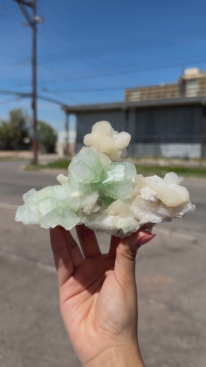 Green Apophyllite Crystal with Stilbite & Scolecite – Indian Zeolite Mineral from Nashik # DKT114