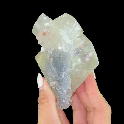 Optical Clear Calcite Rhomb with Prismatic Apophyllite on Bluish Chalcedony Stalactite - Collector’s Cabinet Specimen from Jalgaon, India # DKT177