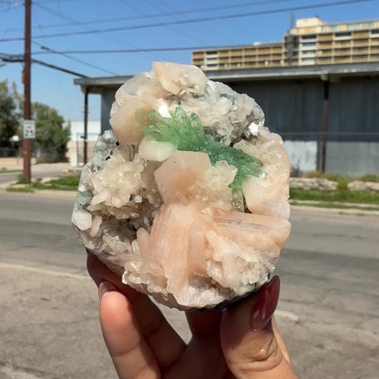 Sharp Terminated Green Apophyllite with Peach Stilbite on Chalcedony Matrix – Rare Zeolite Mineral from Jalgaon,India # DKT92