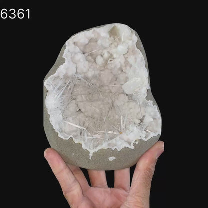 Scolecite Spray Inside MM Quartz Geode Natural Mineral Specimen # B 6361