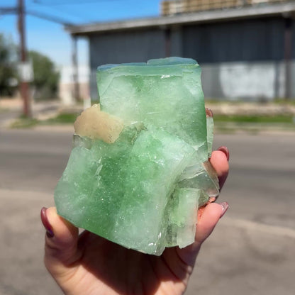Green Apophyllite Cube with Stilbite – Natural Zeolite Mineral Specimen from Nashik, India | Raw Crystal Cluster # DKT37
