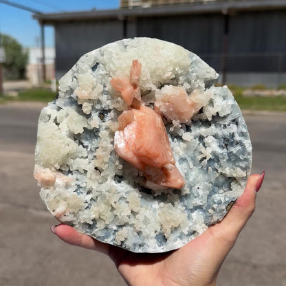 Peach Heulandite on Sparkling Chalcedony Matrix – Indian Zeolite Mineral from Jalgaon# DKT126