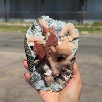 Heulandite & Peach Stilbite on Sparkling Icy-Blue Chalcedony Matrix – Rare Indian Zeolite Mineral Specimen from Maharashtra # DKT137