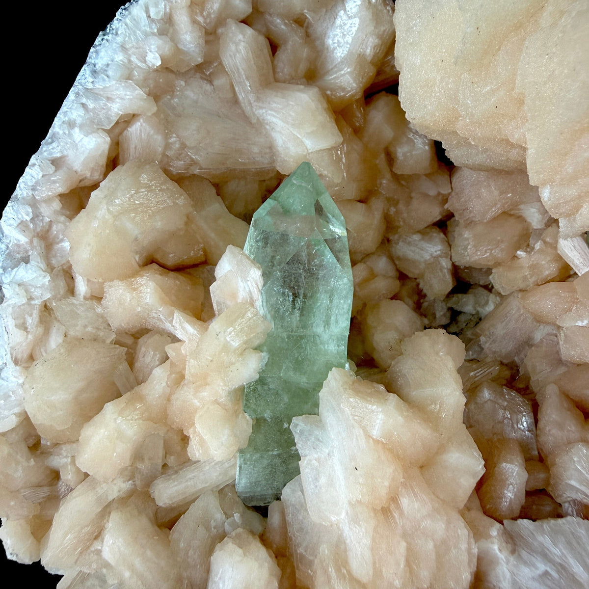 Prismatic Green Apophyllite Crystal Nestled in Peach Stilbite Geode Pocket - Collector’s Cabinet Specimen from Jalgaon, India # DKT188 Apophyllite Superb Minerals 