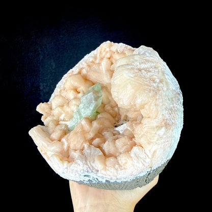 Prismatic Green Apophyllite Crystal Nestled in Peach Stilbite Geode Pocket - Collector’s Cabinet Specimen from Jalgaon, India # DKT188 Apophyllite Superb Minerals 