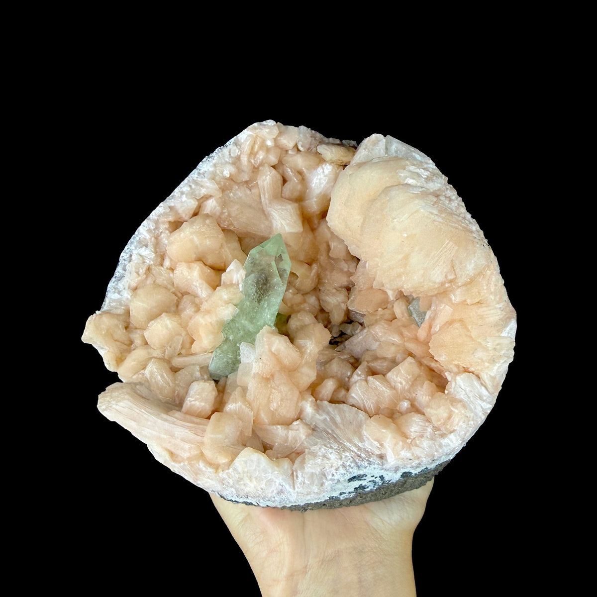 Prismatic Green Apophyllite Crystal Nestled in Peach Stilbite Geode Pocket - Collector’s Cabinet Specimen from Jalgaon, India # DKT188 Apophyllite Superb Minerals 