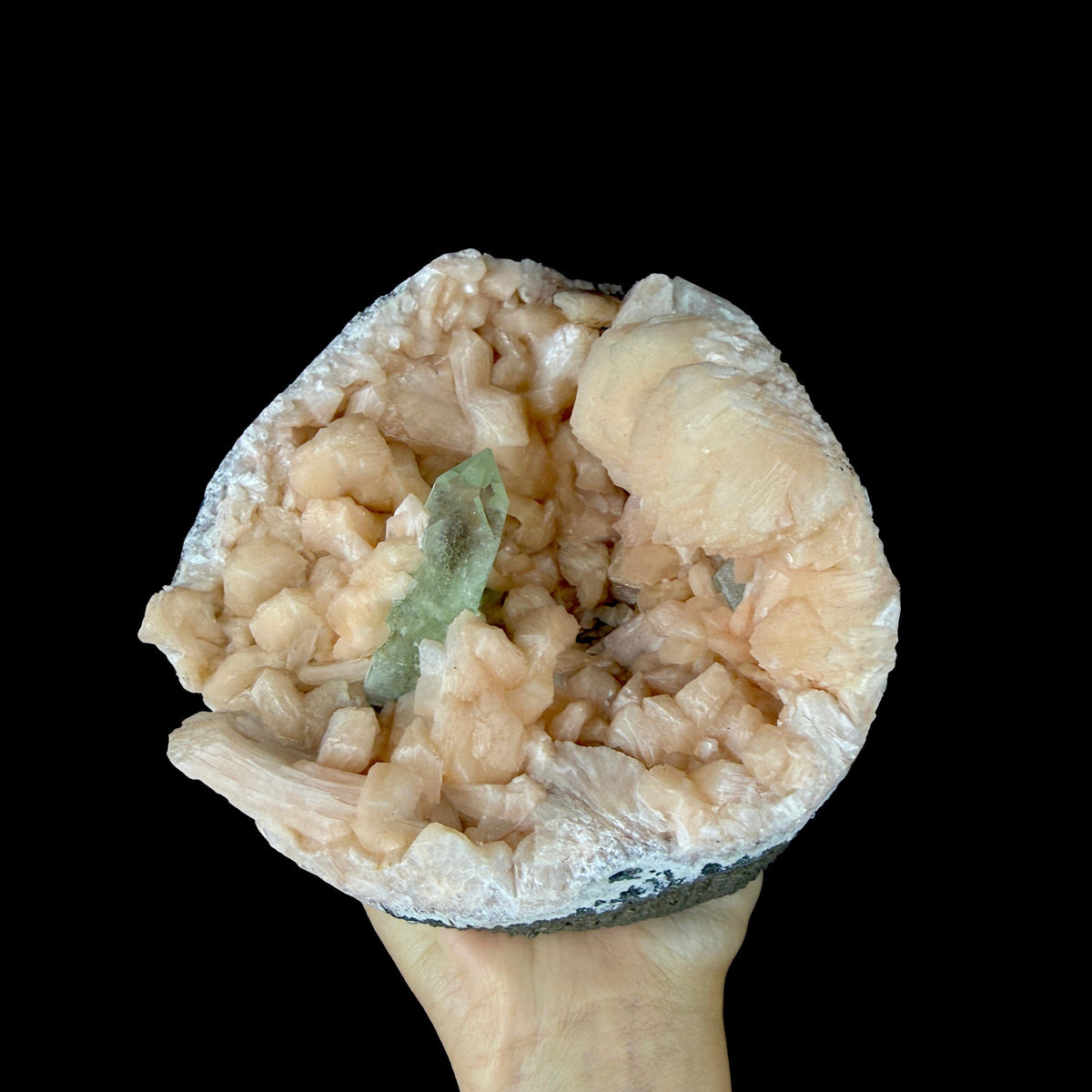 Prismatic Green Apophyllite Crystal Nestled in Peach Stilbite Geode Pocket - Collector’s Cabinet Specimen from Jalgaon, India # DKT188 Apophyllite Superb Minerals 