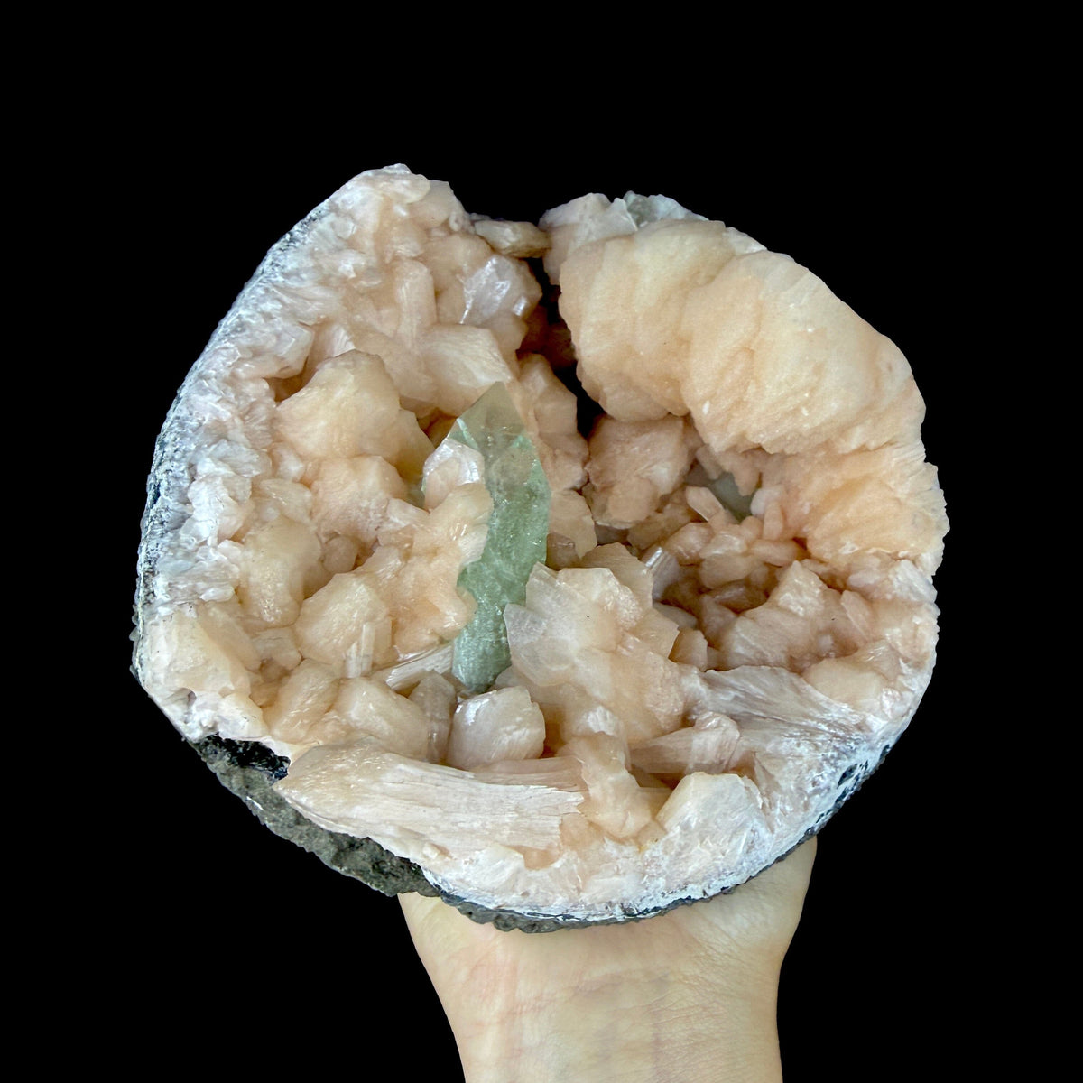 Prismatic Green Apophyllite Crystal Nestled in Peach Stilbite Geode Pocket - Collector’s Cabinet Specimen from Jalgaon, India # DKT188 Apophyllite Superb Minerals 