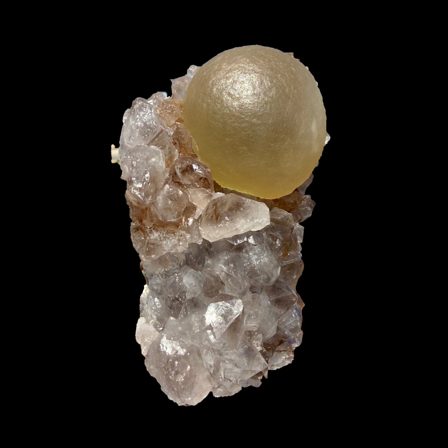 Rare Botryoidal Yellow Fluorite Ball on Amethyst Quartz Cluster – Natural Mineral Specimen from Madhya Pradesh # DKT93 Fluorite Superb Minerals 