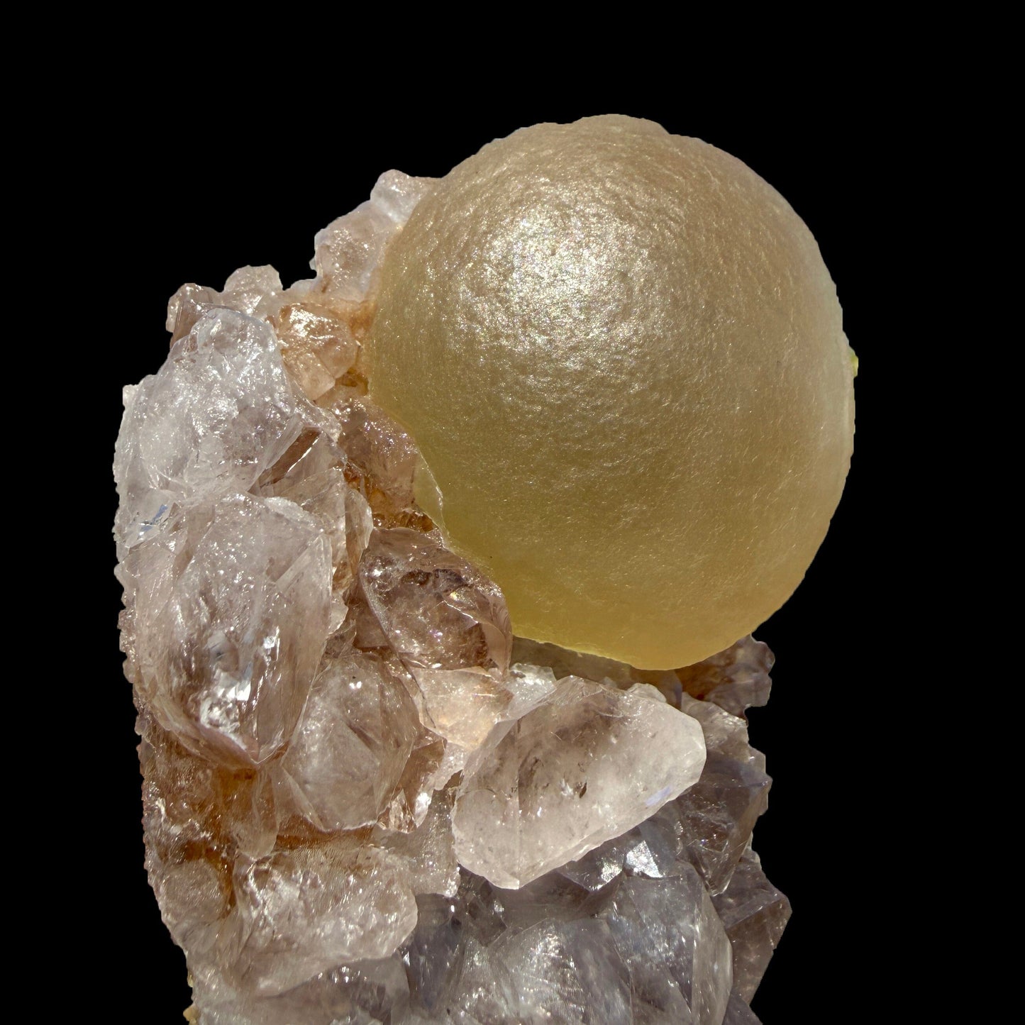 Rare Botryoidal Yellow Fluorite Ball on Amethyst Quartz Cluster – Natural Mineral Specimen from Madhya Pradesh # DKT93 Fluorite Superb Minerals 