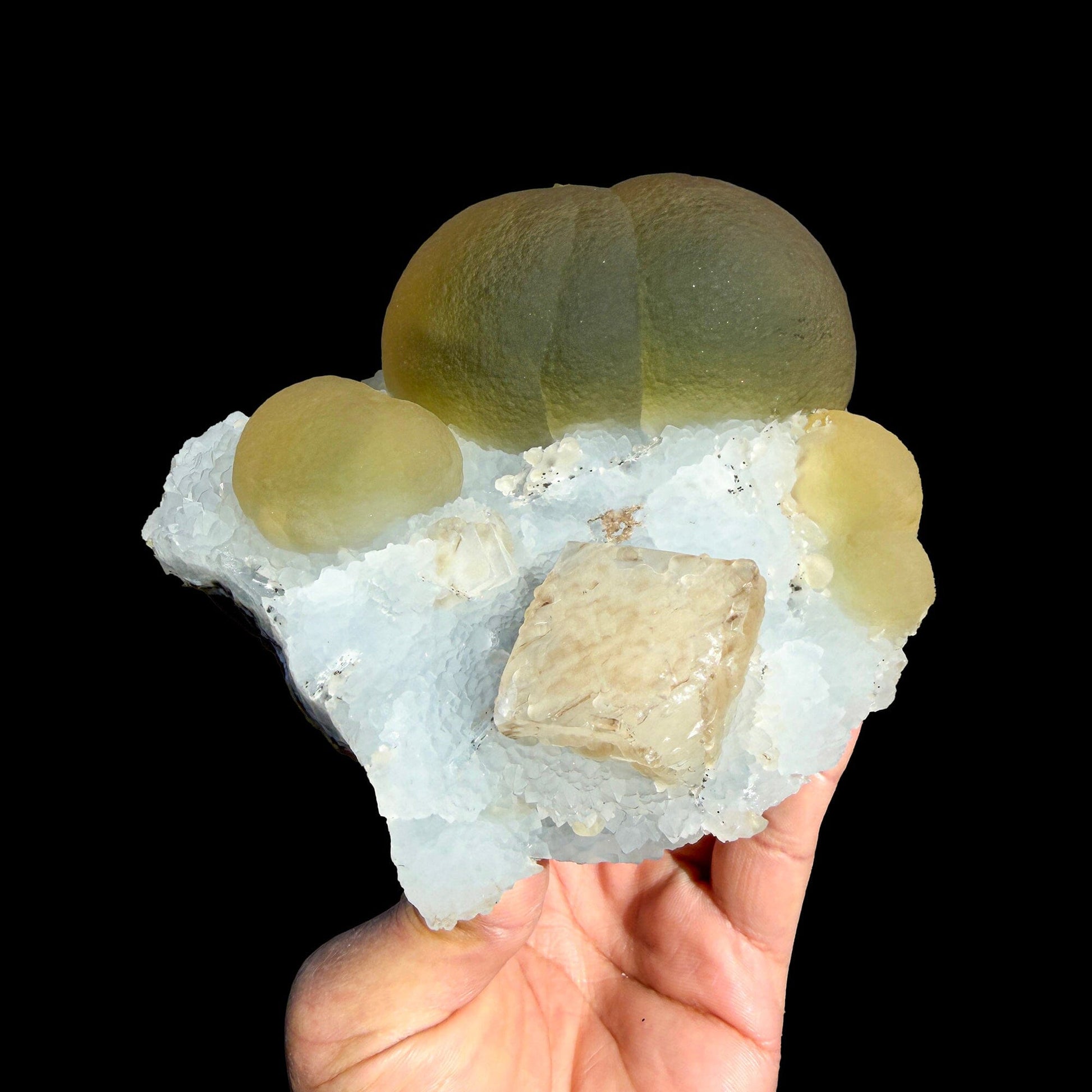 Rare Green Fluorite with Calcite on Sky Blue Chalcedony Fine Mineral Specimen – Large Display Collector Crystal from India # DKT14 Fluorite Superb Minerals 