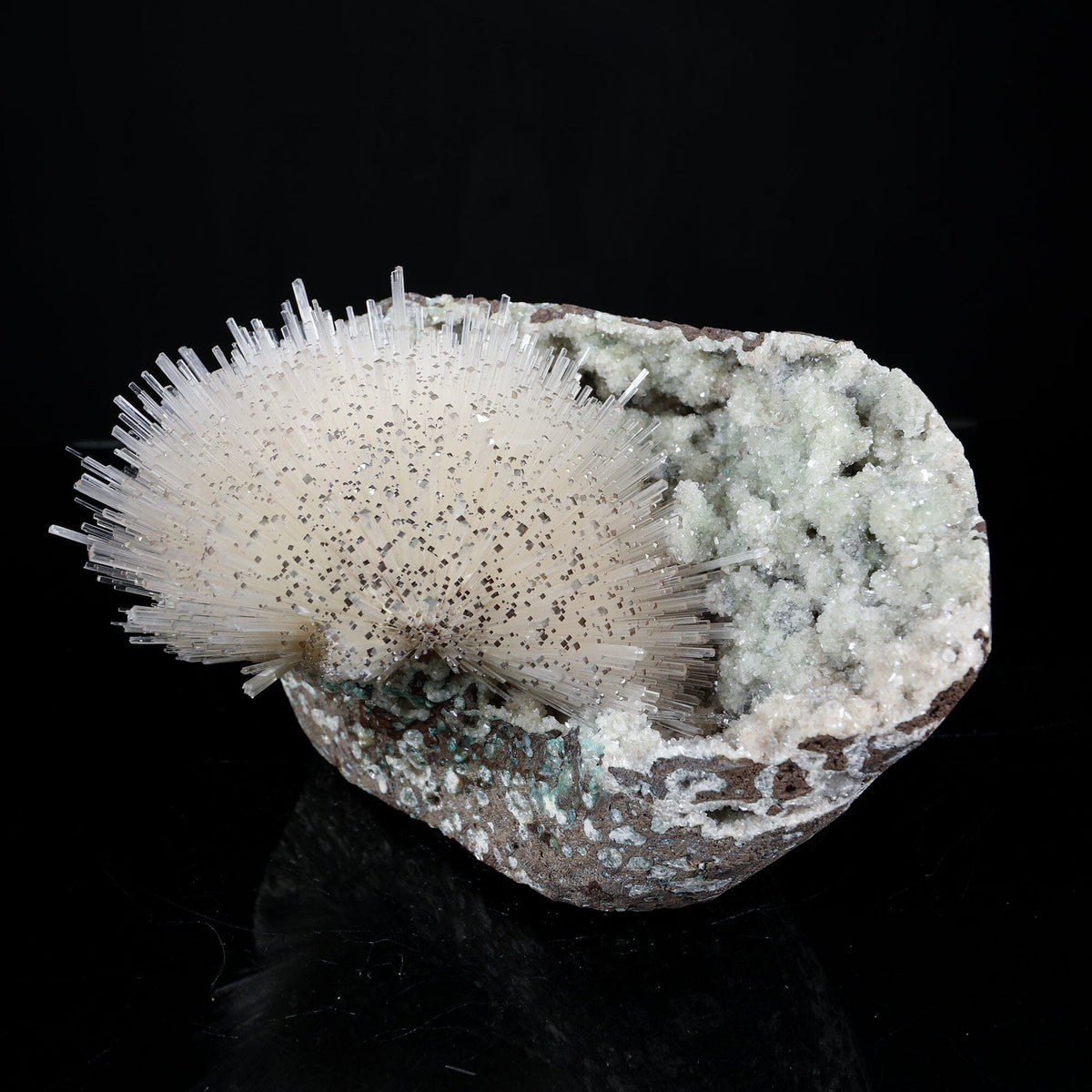 Exquisite museum-grade White Mesolite needle spray on Heulandite matrix from Pune, India. Self-standing, rare collector-quality natural zeolite specimen.