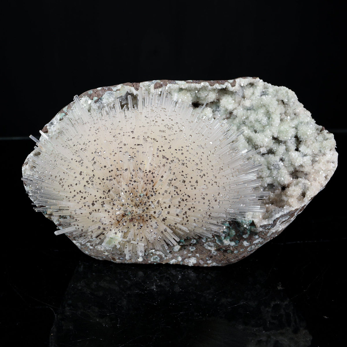 Exquisite museum-grade White Mesolite needle spray on Heulandite matrix from Pune, India. Self-standing, rare collector-quality natural zeolite specimen.
