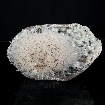 Exquisite museum-grade White Mesolite needle spray on Heulandite matrix from Pune, India. Self-standing, rare collector-quality natural zeolite specimen.