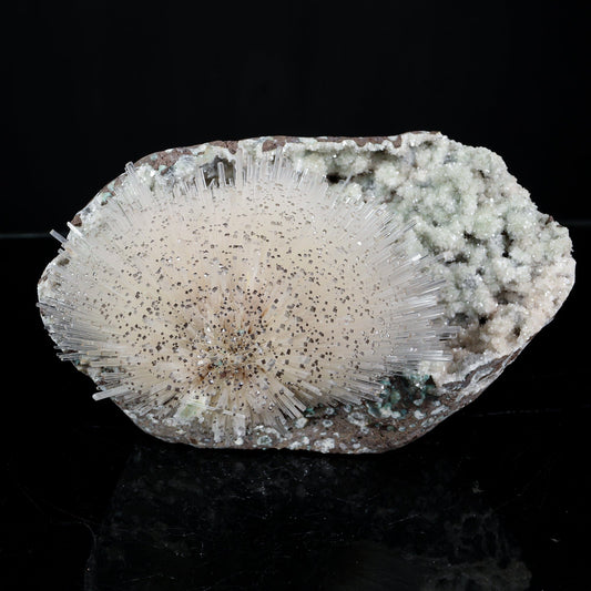 Exquisite museum-grade White Mesolite needle spray on Heulandite matrix from Pune, India. Self-standing, rare collector-quality natural zeolite specimen.