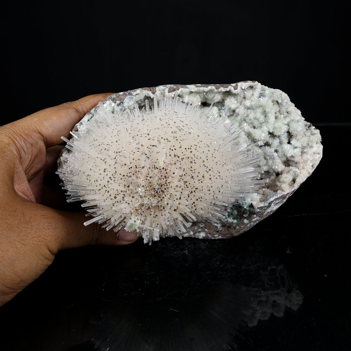 Exquisite museum-grade White Mesolite needle spray on Heulandite matrix from Pune, India. Self-standing, rare collector-quality natural zeolite specimen.