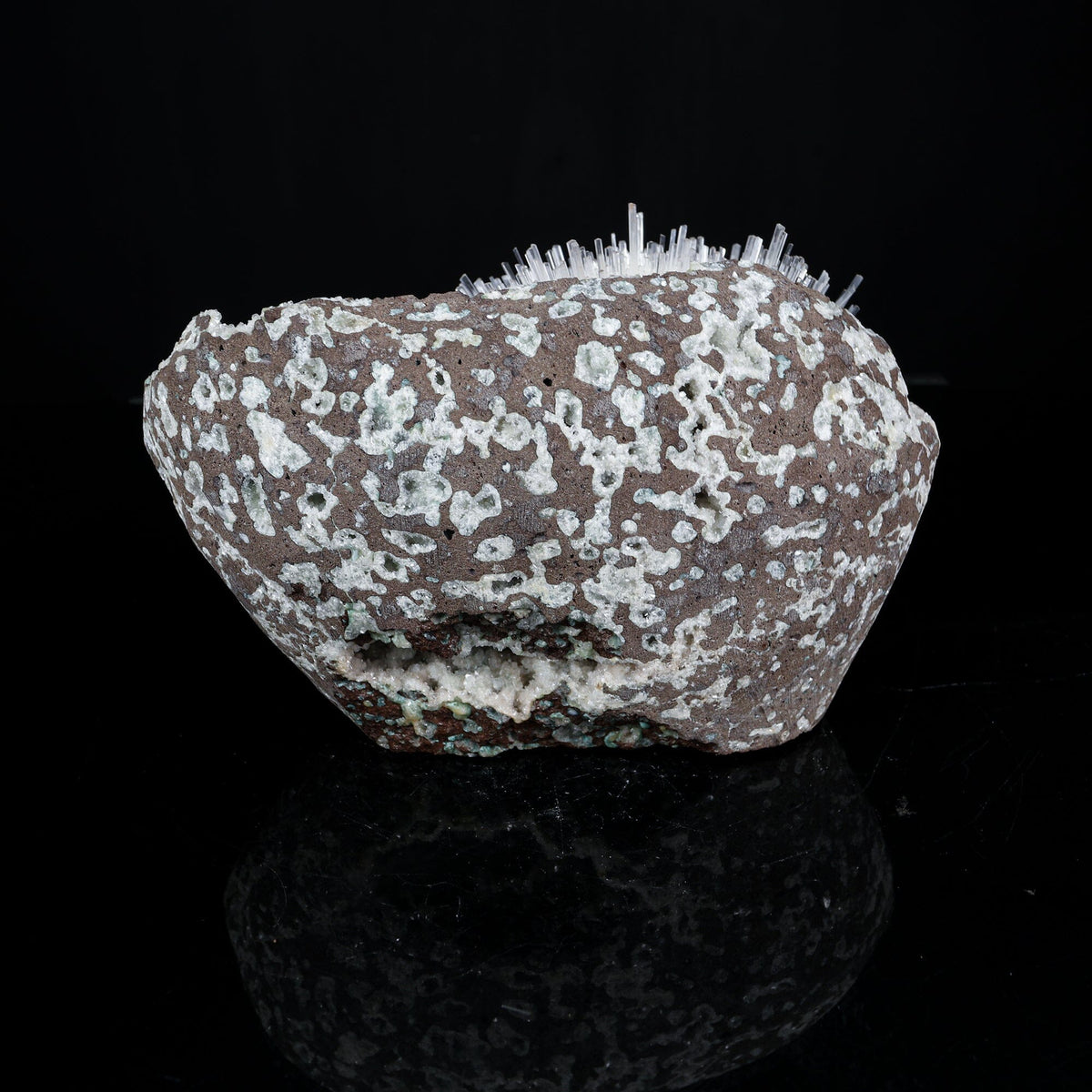 Exquisite museum-grade White Mesolite needle spray on Heulandite matrix from Pune, India. Self-standing, rare collector-quality natural zeolite specimen.