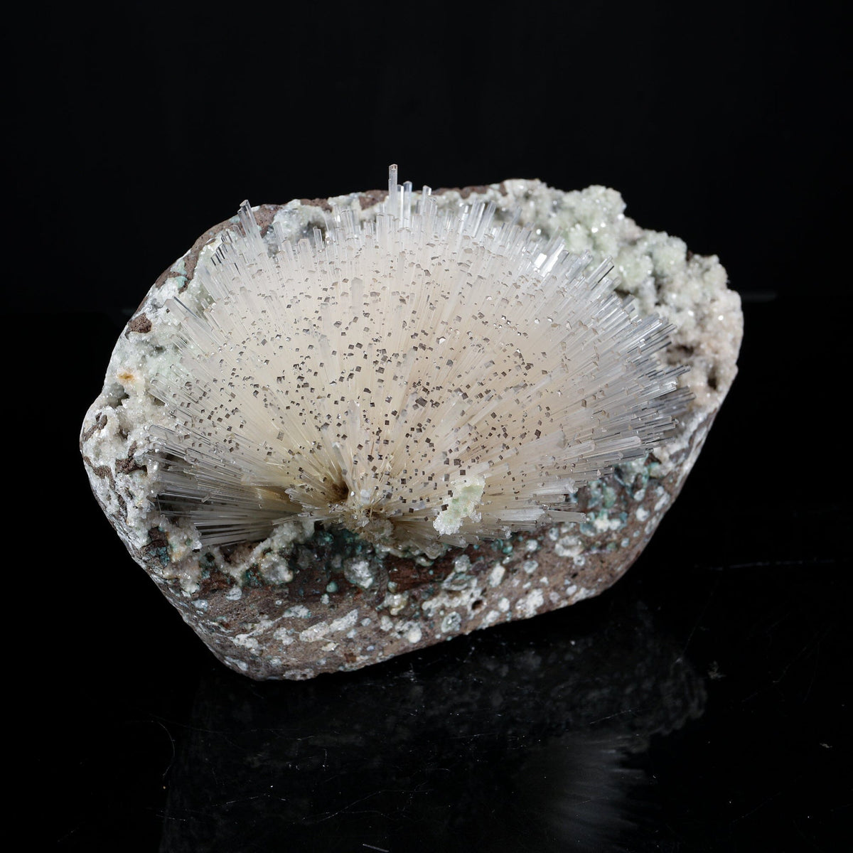 Exquisite museum-grade White Mesolite needle spray on Heulandite matrix from Pune, India. Self-standing, rare collector-quality natural zeolite specimen.