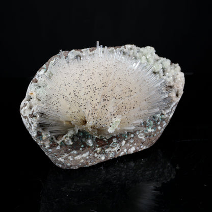 Exquisite museum-grade White Mesolite needle spray on Heulandite matrix from Pune, India. Self-standing, rare collector-quality natural zeolite specimen.