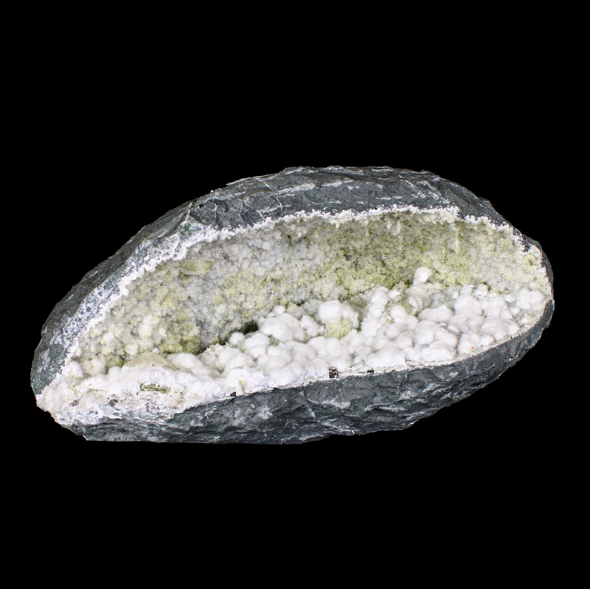 Rare Okenite Puffballs with Quartz & Chalcedony in Large Geode – Old School Mumbai, Natural Mineral Specimen# B 7175 Okenite Superb Minerals 