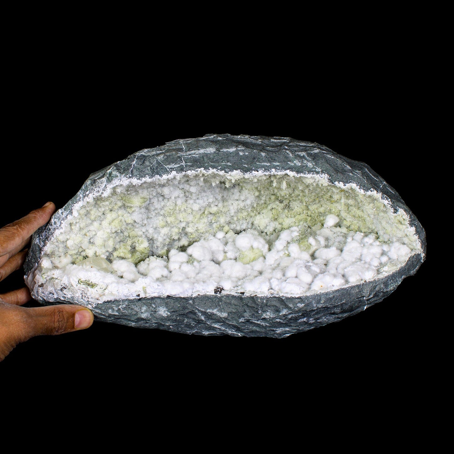 Rare Okenite Puffballs with Quartz & Chalcedony in Large Geode – Old School Mumbai, Natural Mineral Specimen# B 7175 Okenite Superb Minerals 