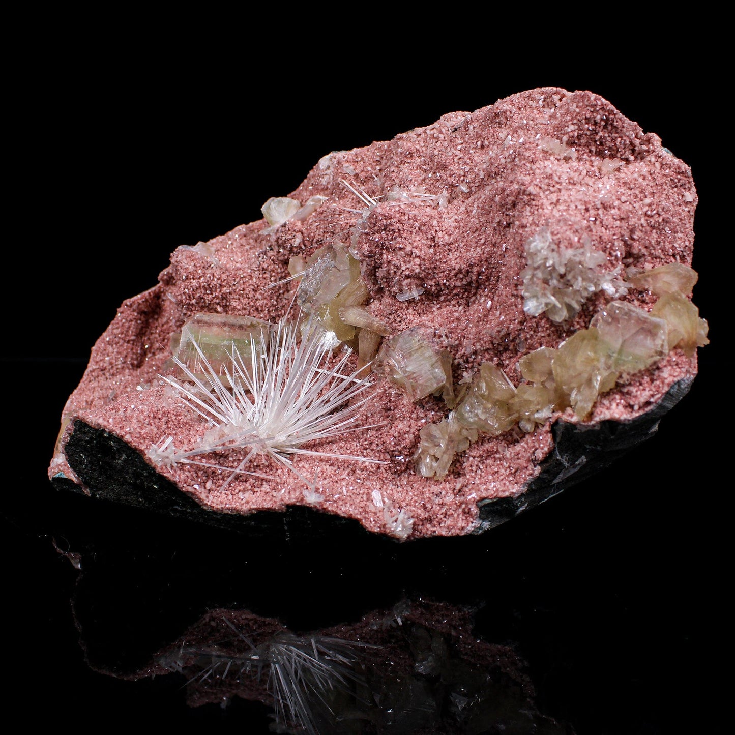 Rare Scolecite Spray with Green Apophyllite, Stilbite & Heulandite on Pink Matrix – Natural Indian Zeolite Specimen # B 7125 Scolecite Superb Minerals 