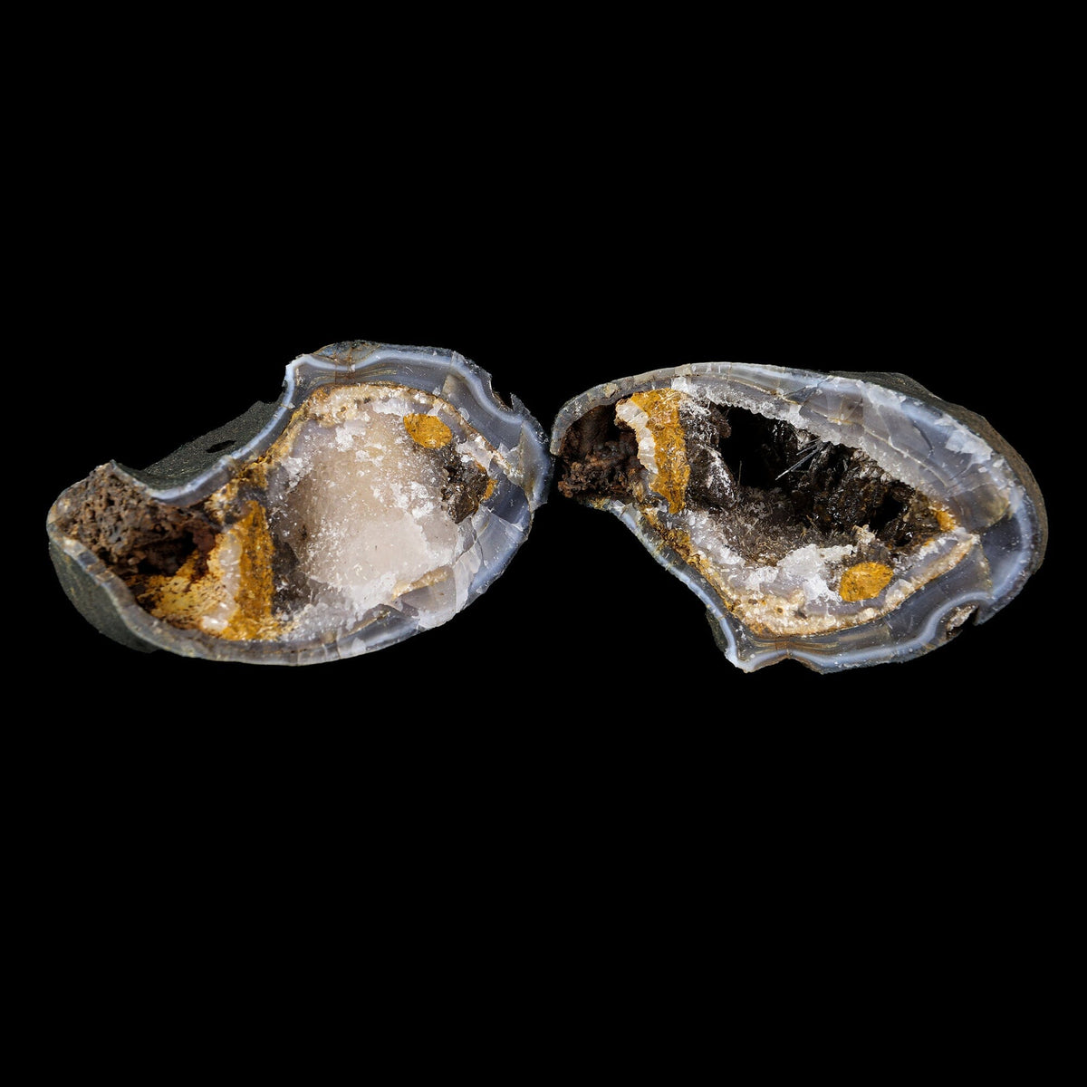 Raw Calcite Geode Pair with Black Rutile Needles & Chalcedony – Natural Indian Zeolite Mineral Specimen # B 7224 Calcite Superb Minerals 