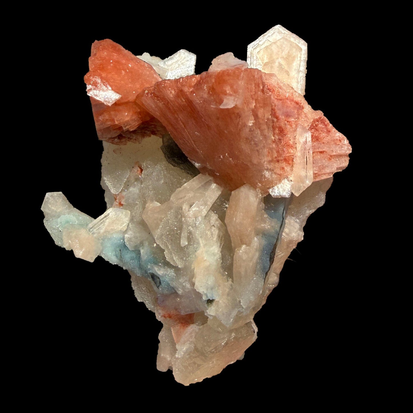 Red Heulandite & Stilbite Cluster on Chalcedony-Coated Calcite – Rare Indian Zeolite Mineral Specimen from Jalgaon # DKT101 Heulandite Superb Minerals 