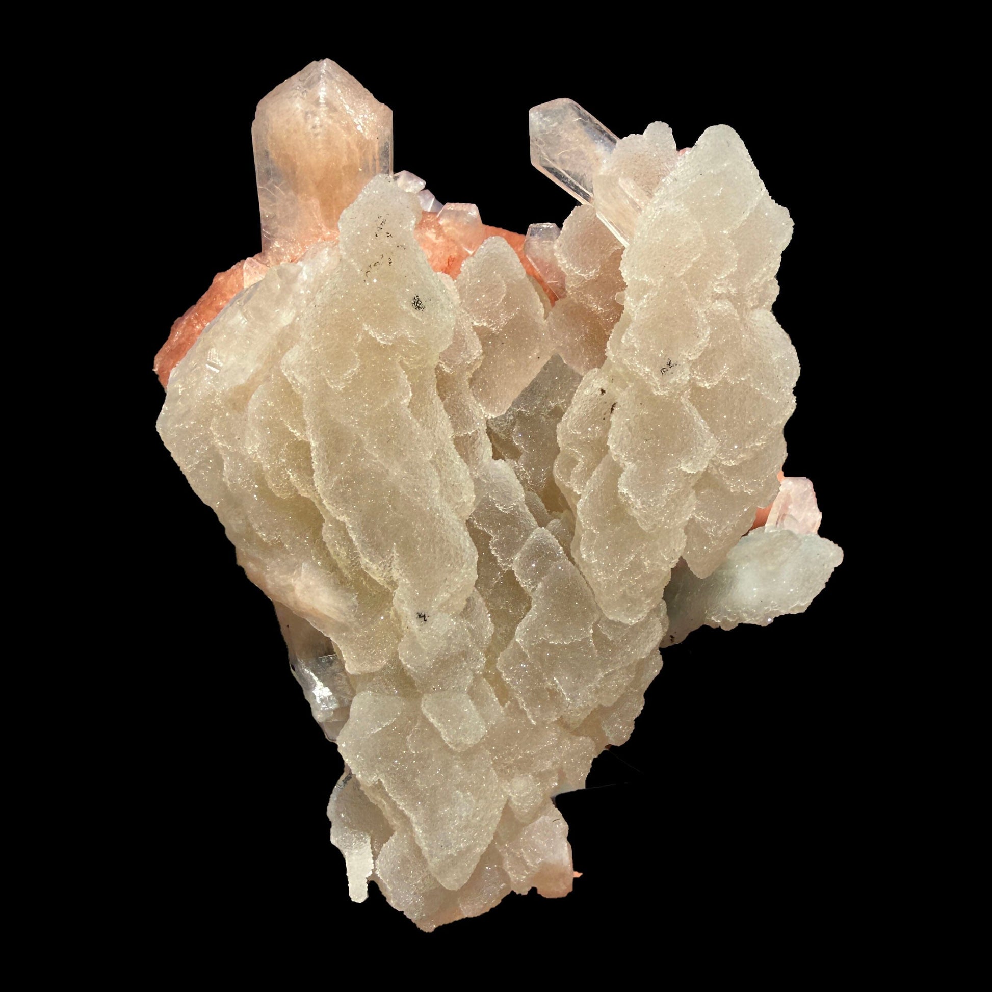 Red Heulandite & Stilbite Cluster on Chalcedony-Coated Calcite – Rare Indian Zeolite Mineral Specimen from Jalgaon # DKT101 Heulandite Superb Minerals 