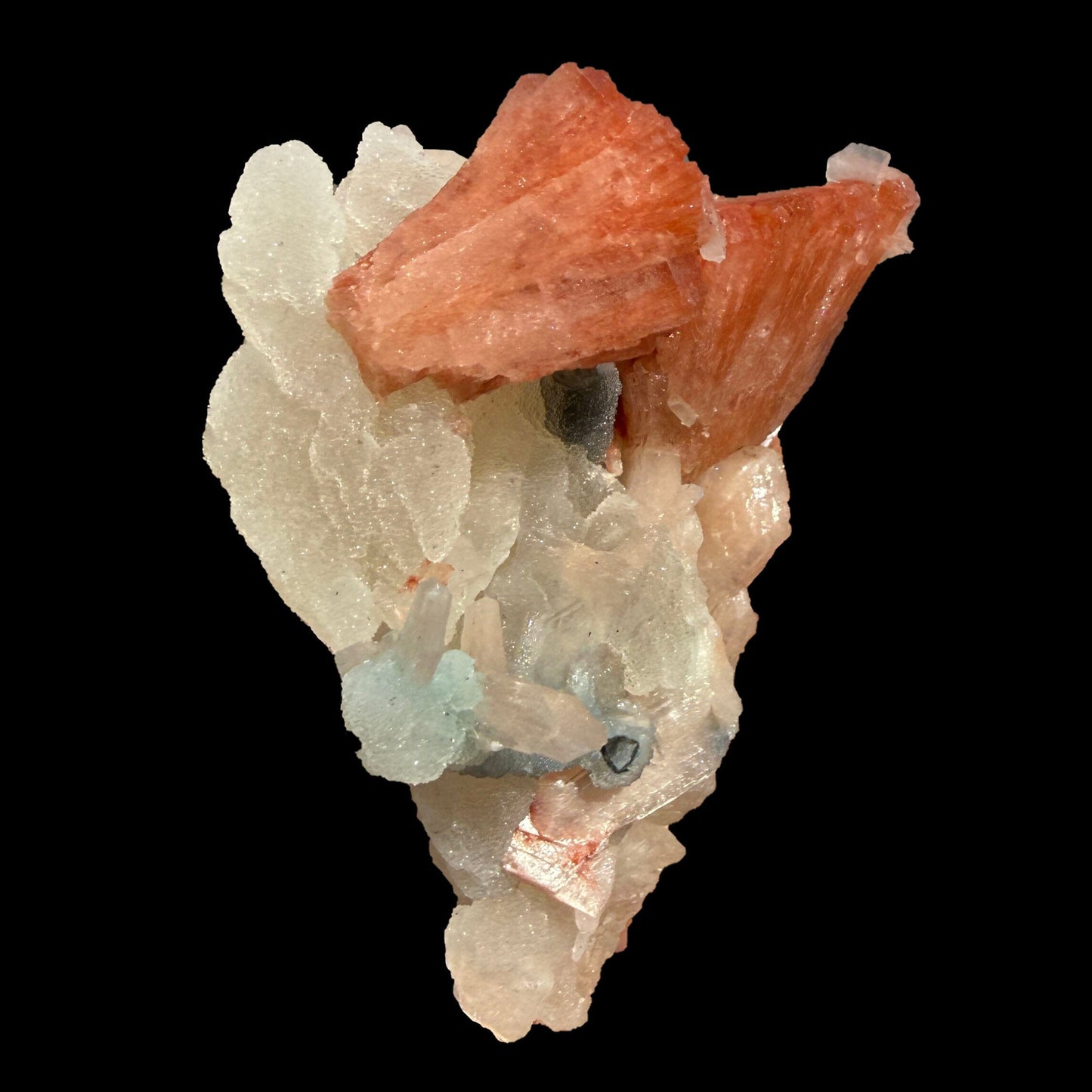 Red Heulandite & Stilbite Cluster on Chalcedony-Coated Calcite – Rare Indian Zeolite Mineral Specimen from Jalgaon # DKT101 Heulandite Superb Minerals 