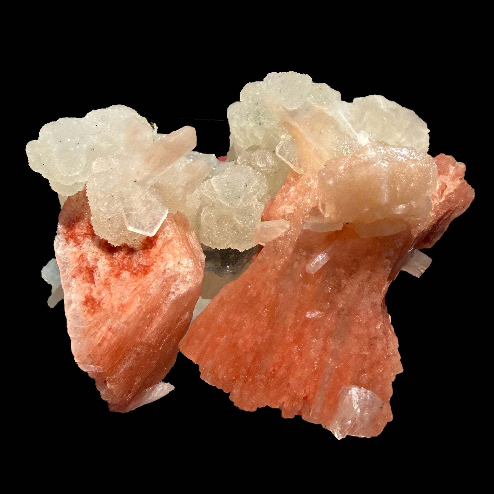 Red Heulandite & Stilbite Cluster on Chalcedony-Coated Calcite – Rare Indian Zeolite Mineral Specimen from Jalgaon # DKT101 Heulandite Superb Minerals 