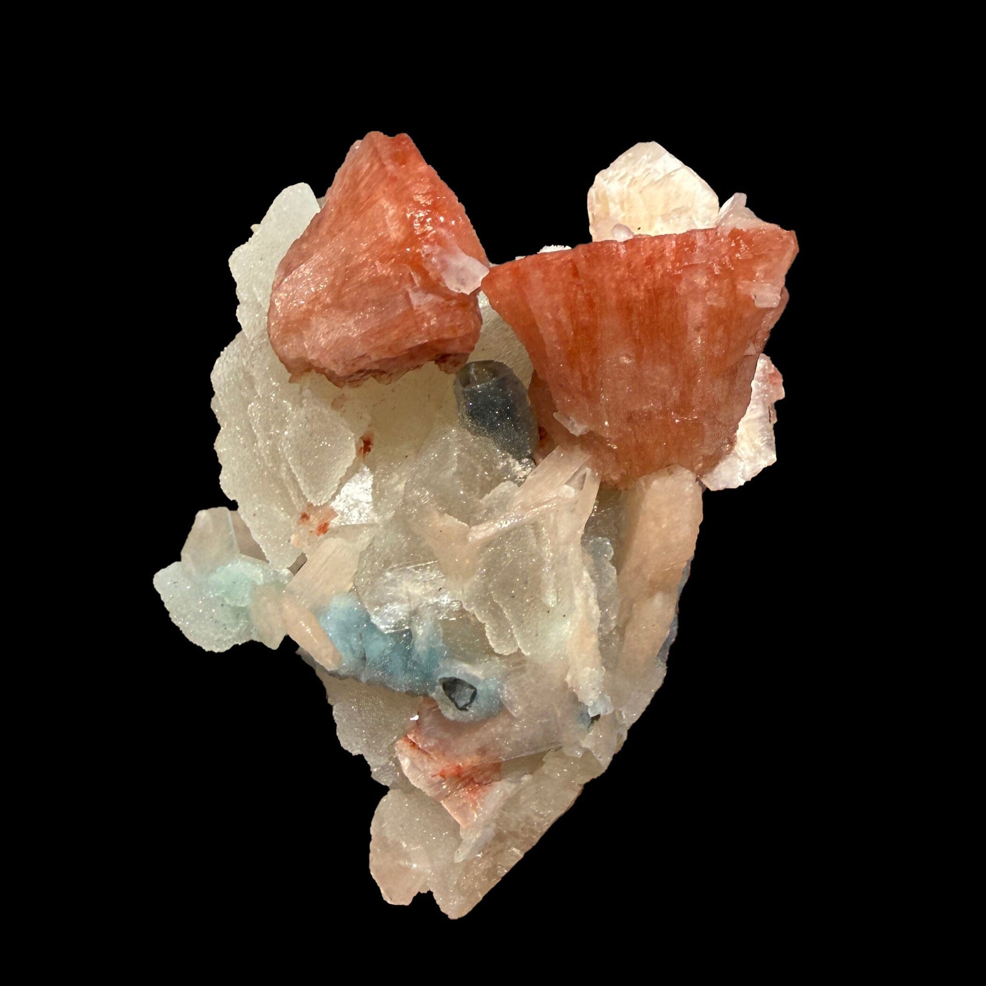 Red Heulandite & Stilbite Cluster on Chalcedony-Coated Calcite – Rare Indian Zeolite Mineral Specimen from Jalgaon # DKT101 Heulandite Superb Minerals 