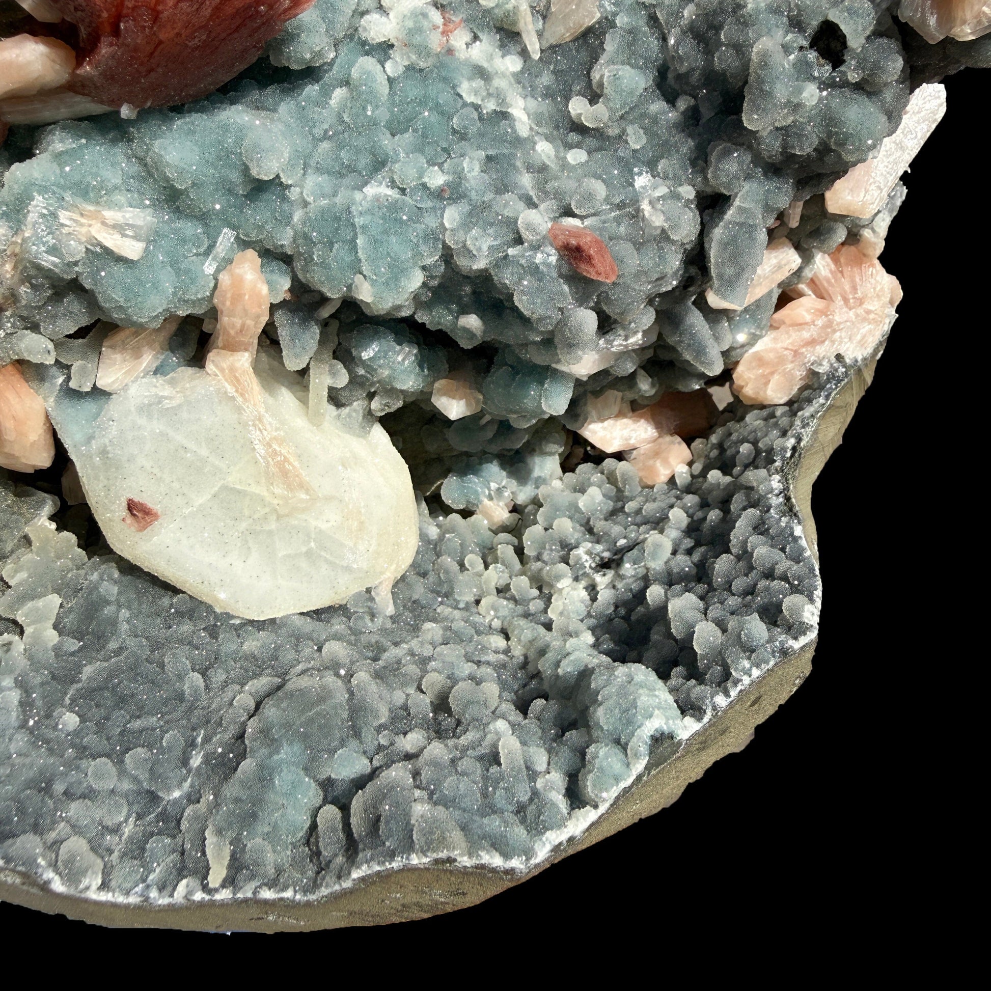 Red Heulandite with Calcite, Stilbite on Sparkling Chalcedony Semi-Geode from Jalgaon Maharashtra India | Natural Zeolite Mineral Specimen DKT79 Heulandite Superb Minerals 