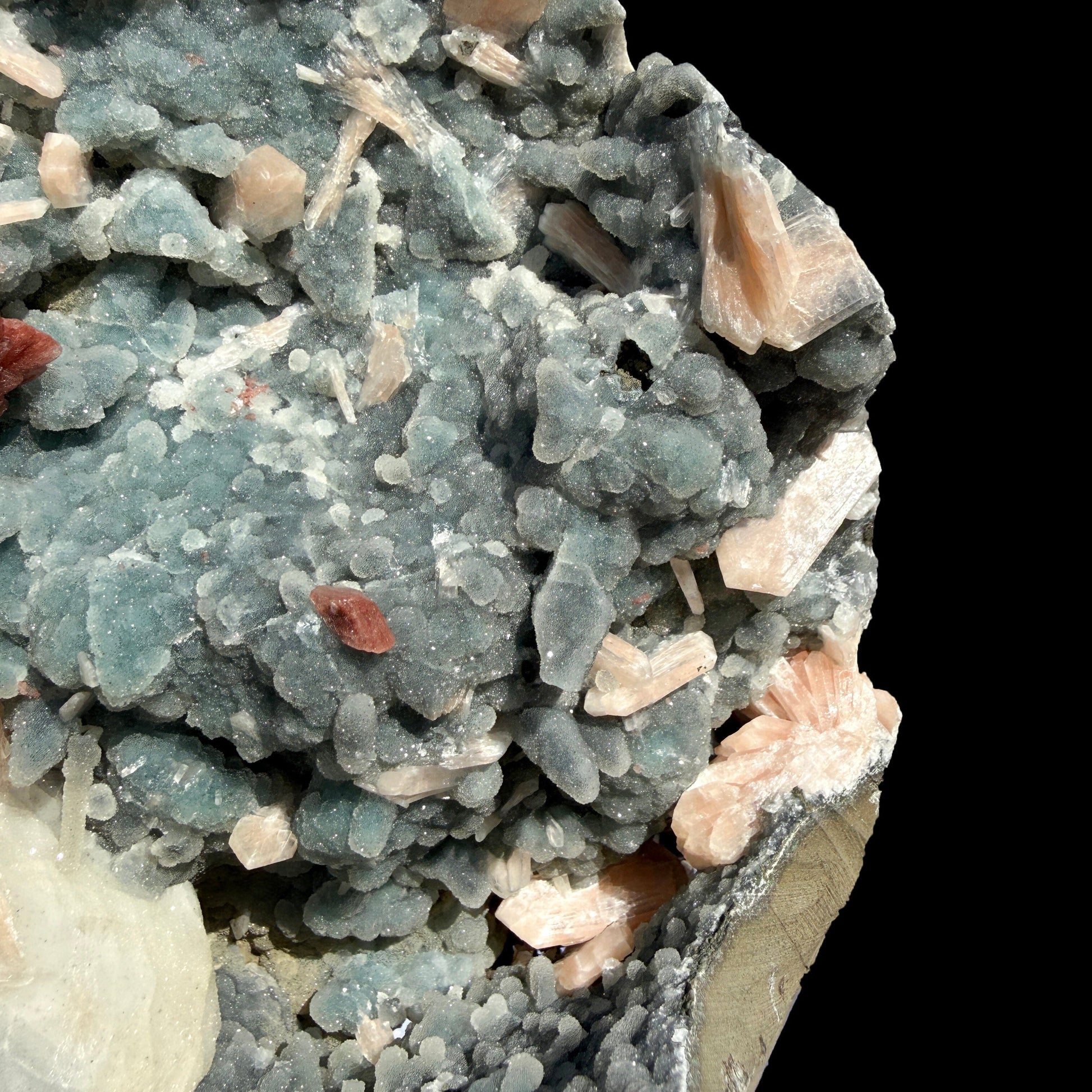Red Heulandite with Calcite, Stilbite on Sparkling Chalcedony Semi-Geode from Jalgaon Maharashtra India | Natural Zeolite Mineral Specimen DKT79 Heulandite Superb Minerals 