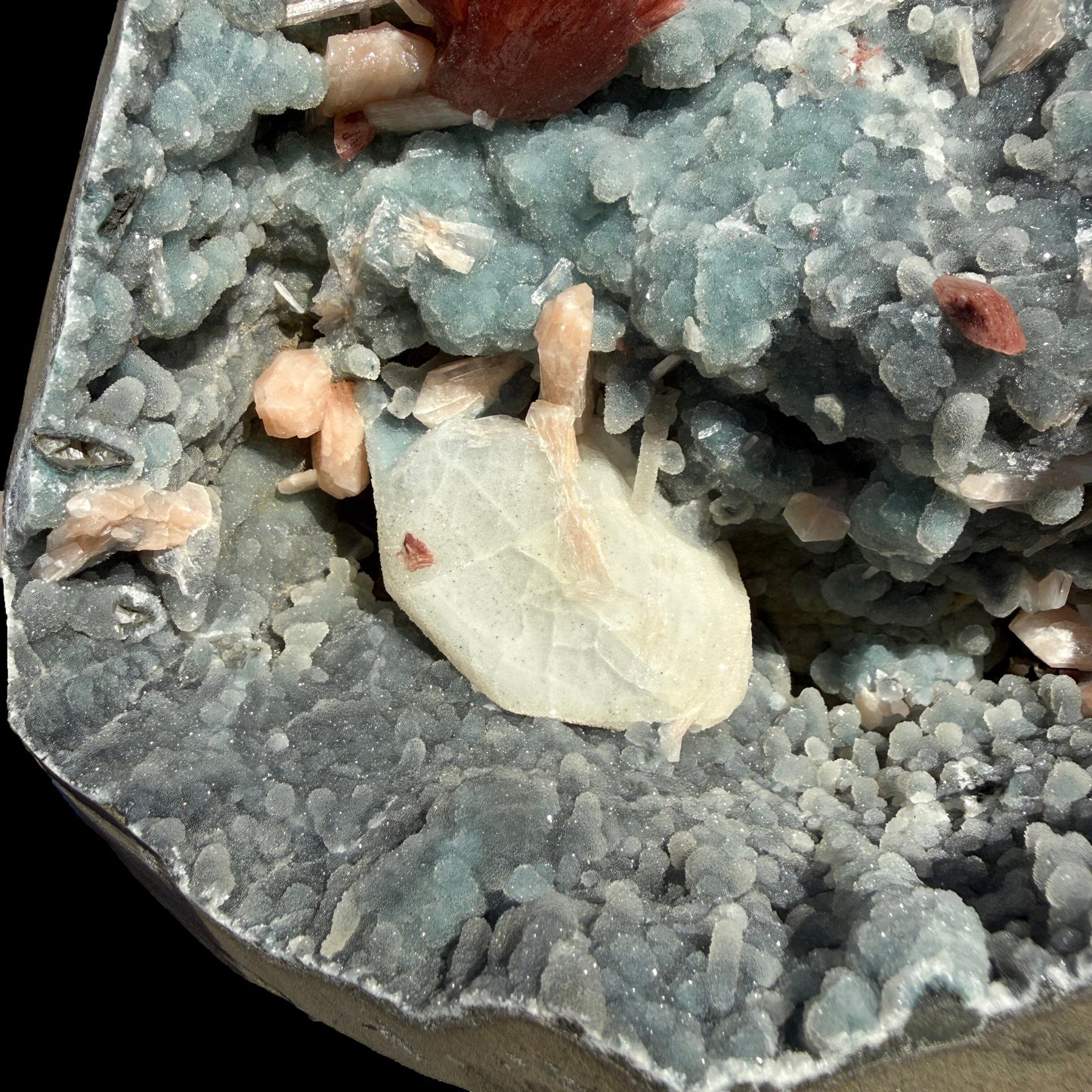 Red Heulandite with Calcite, Stilbite on Sparkling Chalcedony Semi-Geode from Jalgaon Maharashtra India | Natural Zeolite Mineral Specimen DKT79 Heulandite Superb Minerals 