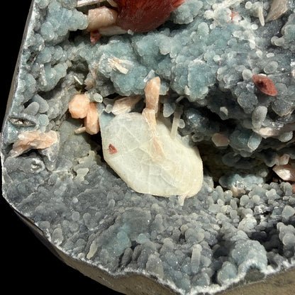 Red Heulandite with Calcite, Stilbite on Sparkling Chalcedony Semi-Geode from Jalgaon Maharashtra India | Natural Zeolite Mineral Specimen DKT79 Heulandite Superb Minerals 