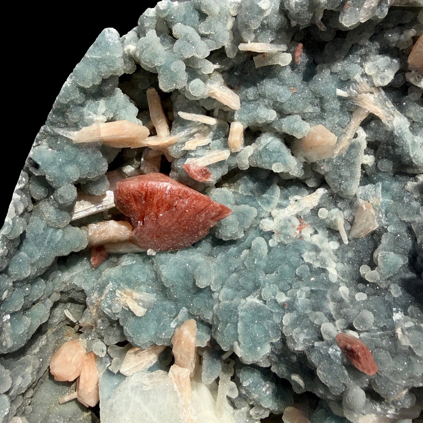 Red Heulandite with Calcite, Stilbite on Sparkling Chalcedony Semi-Geode from Jalgaon Maharashtra India | Natural Zeolite Mineral Specimen DKT79 Heulandite Superb Minerals 