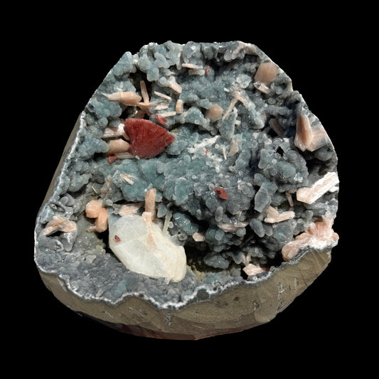 Red Heulandite with Calcite, Stilbite on Sparkling Chalcedony Semi-Geode from Jalgaon Maharashtra India | Natural Zeolite Mineral Specimen DKT79 Heulandite Superb Minerals 
