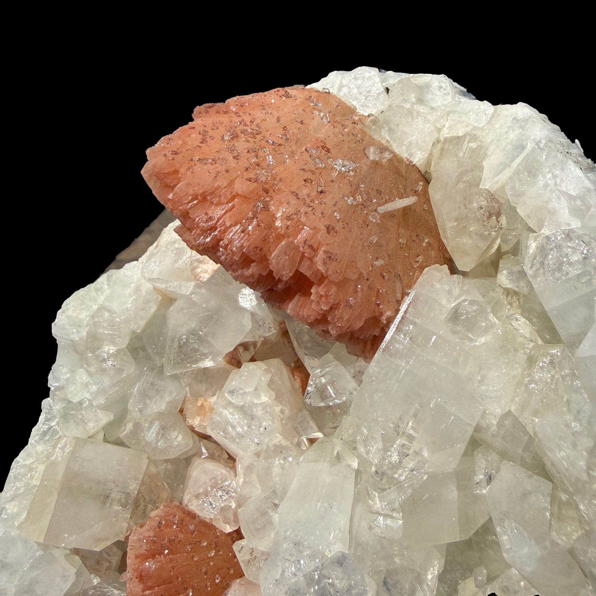 Salmon-Pink Heulandite on Apophyllite Matrix – Indian Zeolite Mineral Specimen from Jalgaon # DKT123 Heulandite Superb Minerals 
