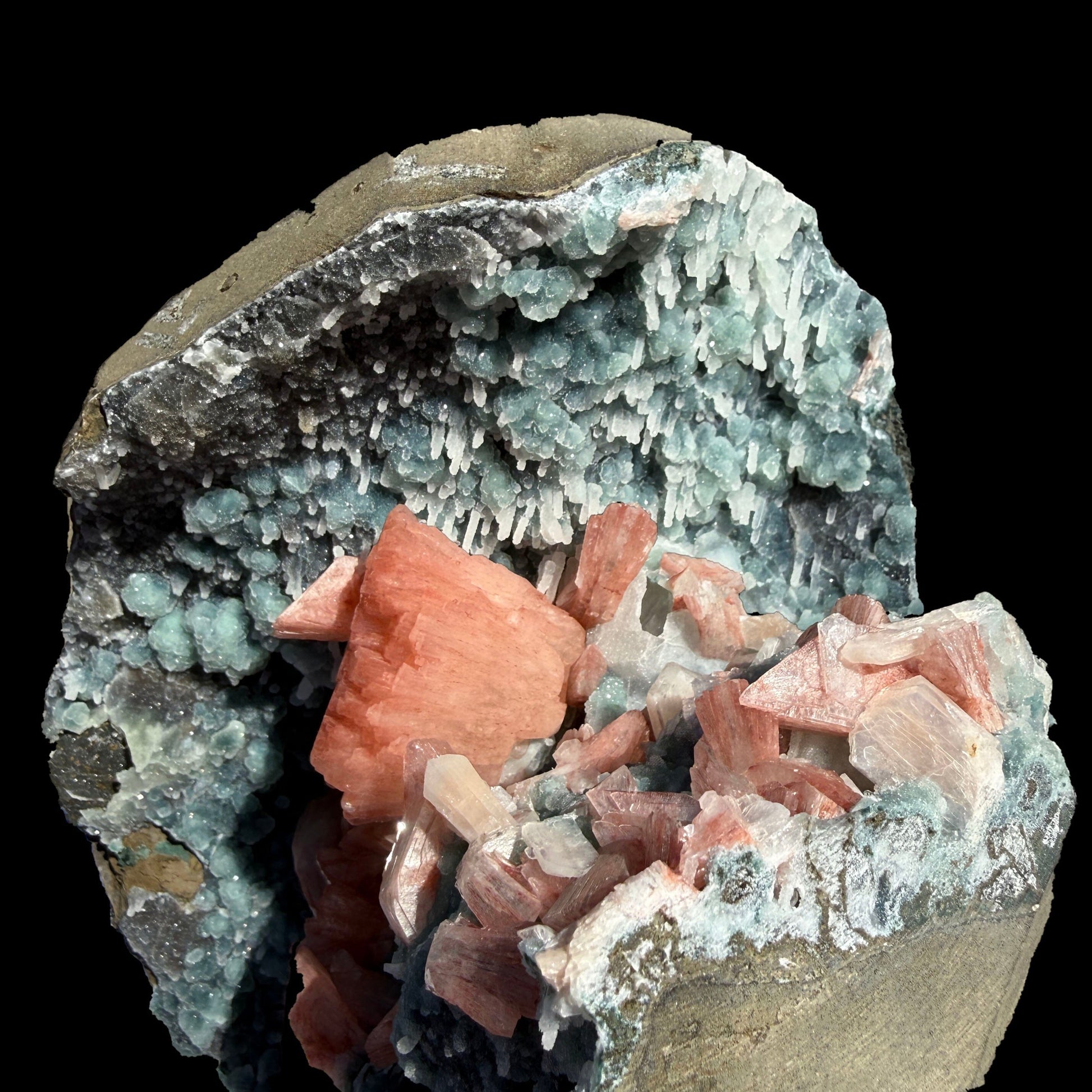 Salmon Red - Heulandite Clusters on Sparkling Grey Chalcedony Geode Matrix – Rare Indian Zeolite Mineral Specimen from Jalgaon # DKT131 Heulandite Superb Minerals 