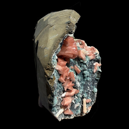 Salmon Red - Heulandite Clusters on Sparkling Grey Chalcedony Geode Matrix – Rare Indian Zeolite Mineral Specimen from Jalgaon # DKT131 Heulandite Superb Minerals 