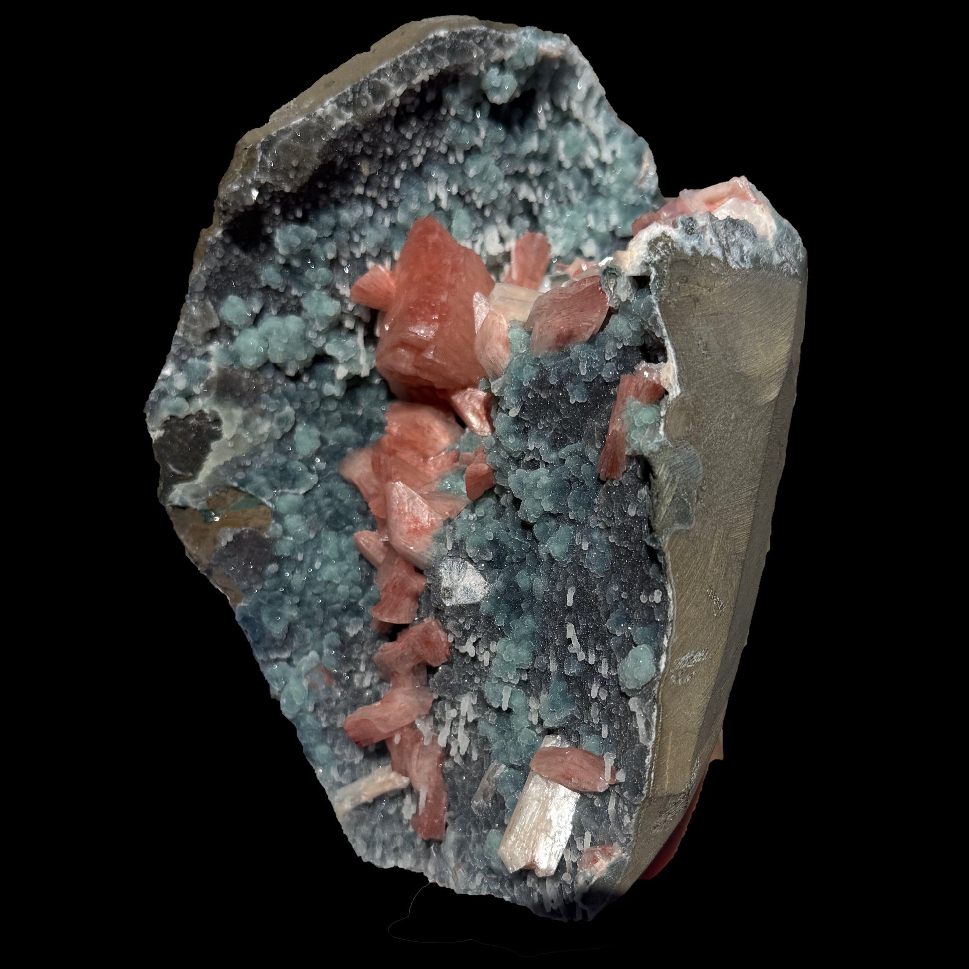 Salmon Red - Heulandite Clusters on Sparkling Grey Chalcedony Geode Matrix – Rare Indian Zeolite Mineral Specimen from Jalgaon # DKT131 Heulandite Superb Minerals 