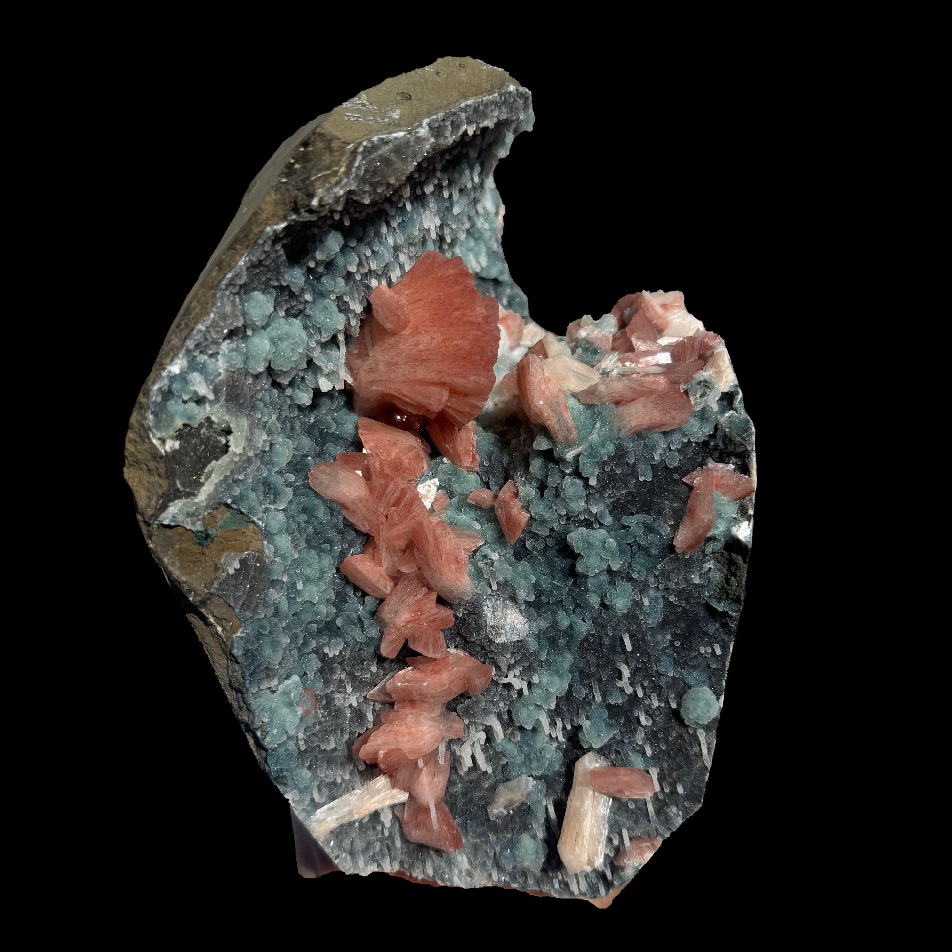 Salmon Red - Heulandite Clusters on Sparkling Grey Chalcedony Geode Matrix – Rare Indian Zeolite Mineral Specimen from Jalgaon # DKT131 Heulandite Superb Minerals 