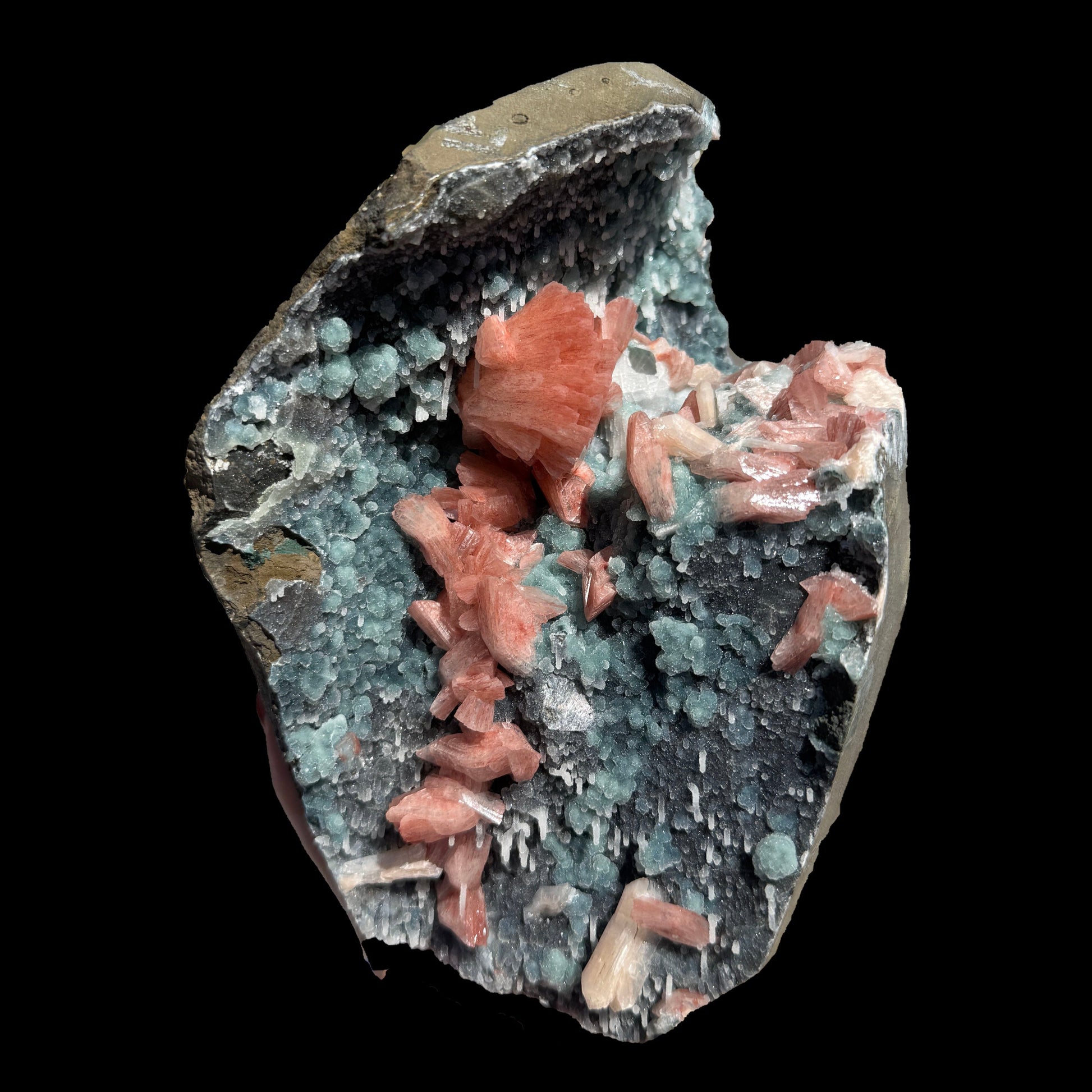 Salmon Red - Heulandite Clusters on Sparkling Grey Chalcedony Geode Matrix – Rare Indian Zeolite Mineral Specimen from Jalgaon # DKT131 Heulandite Superb Minerals 