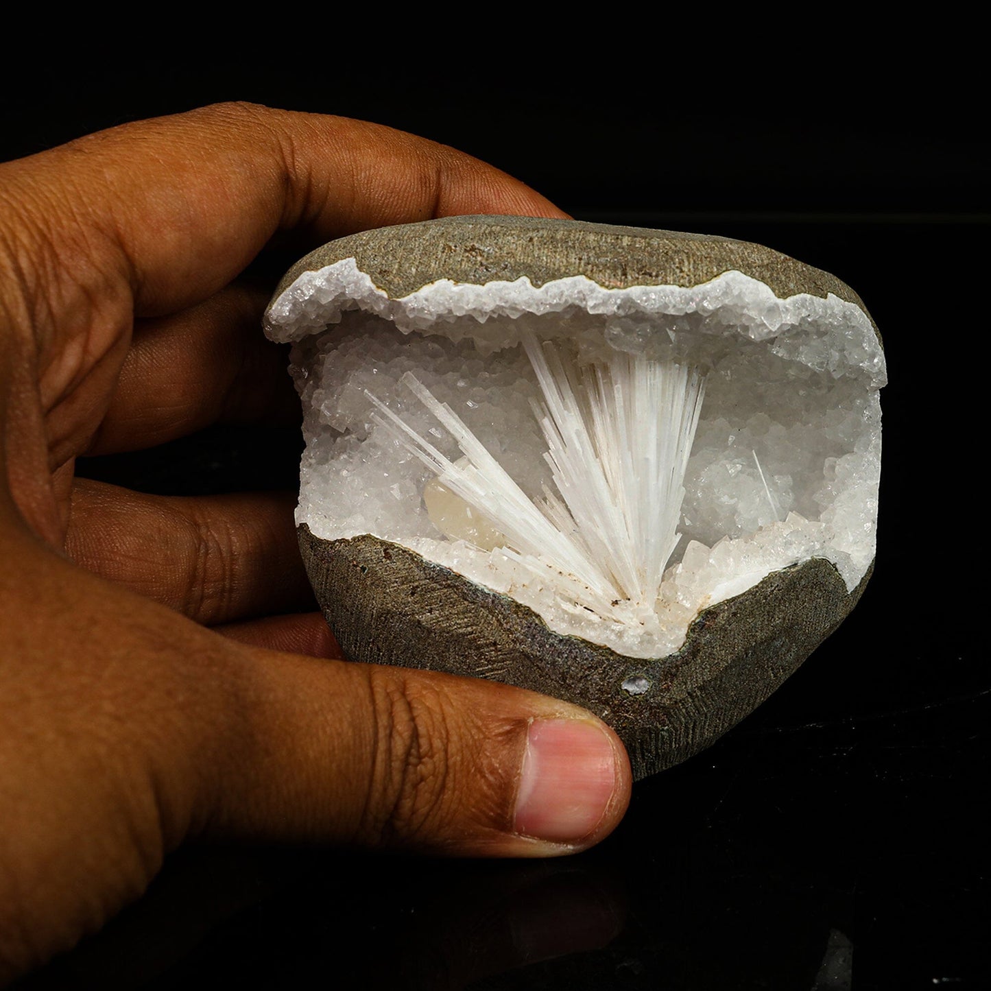 Scolecite in MM Quartz Geode Natural Mineral Specimen # B 6768 Scoleccite Superb Minerals 