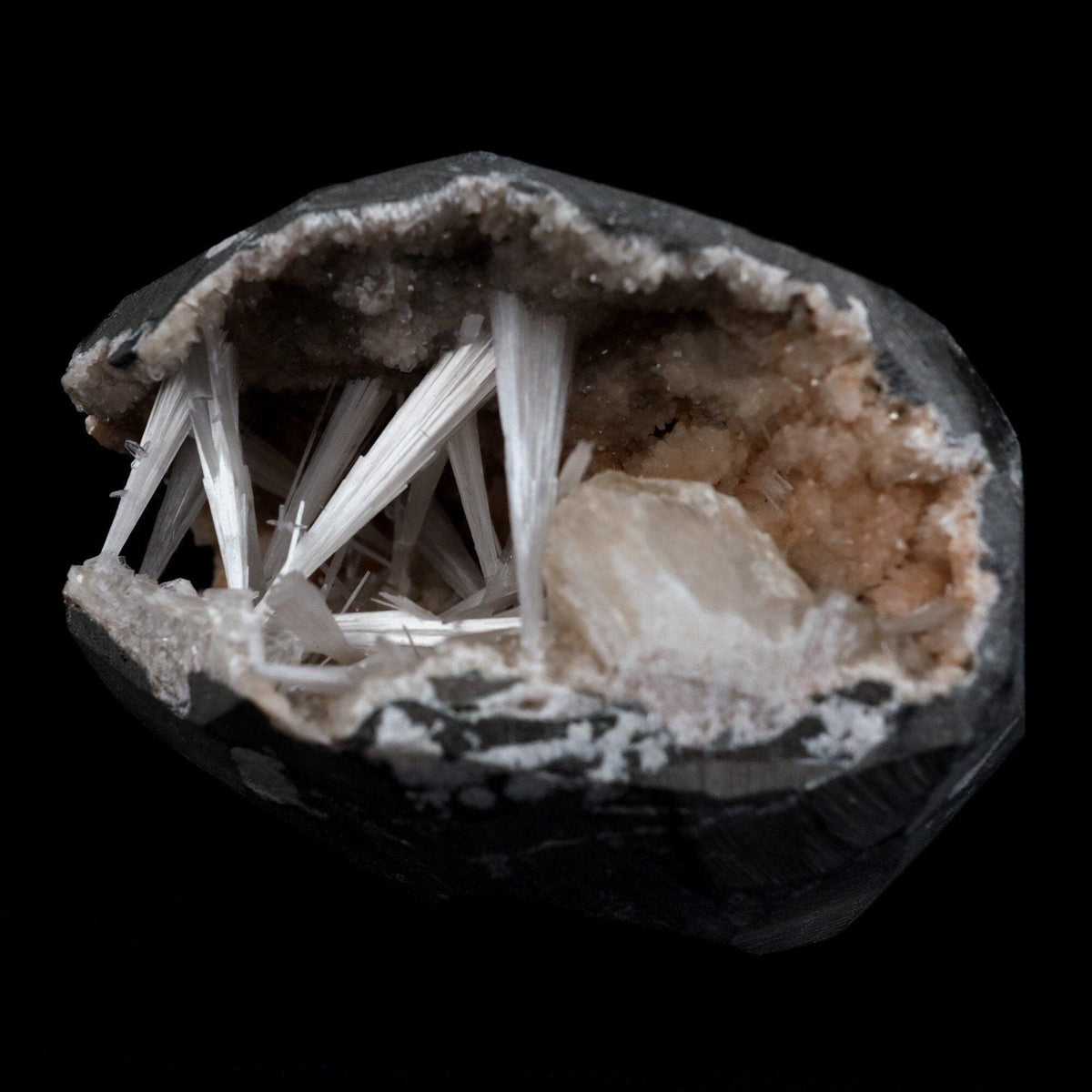 Scolecite Intergrown Sprays Inside Heulandite Geode Natural Mineral Sp…  https://www.superbminerals.us/products/scolecite-intergrown-sprays-inside-heulandite-geode-natural-mineral-specimen-b-4792  Features: A huge Geode with beige Heulandite crystals