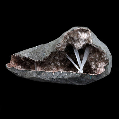 Scolecite Sprays Inside Geode Natural Mineral Specimen # B 4650  https://www.superbminerals.us/products/scolecite-sprays-inside-geode-natural-mineral-specimen-b-4650  Features: A lovely item with a geode lined with beige, glossy Heulandite crystals.